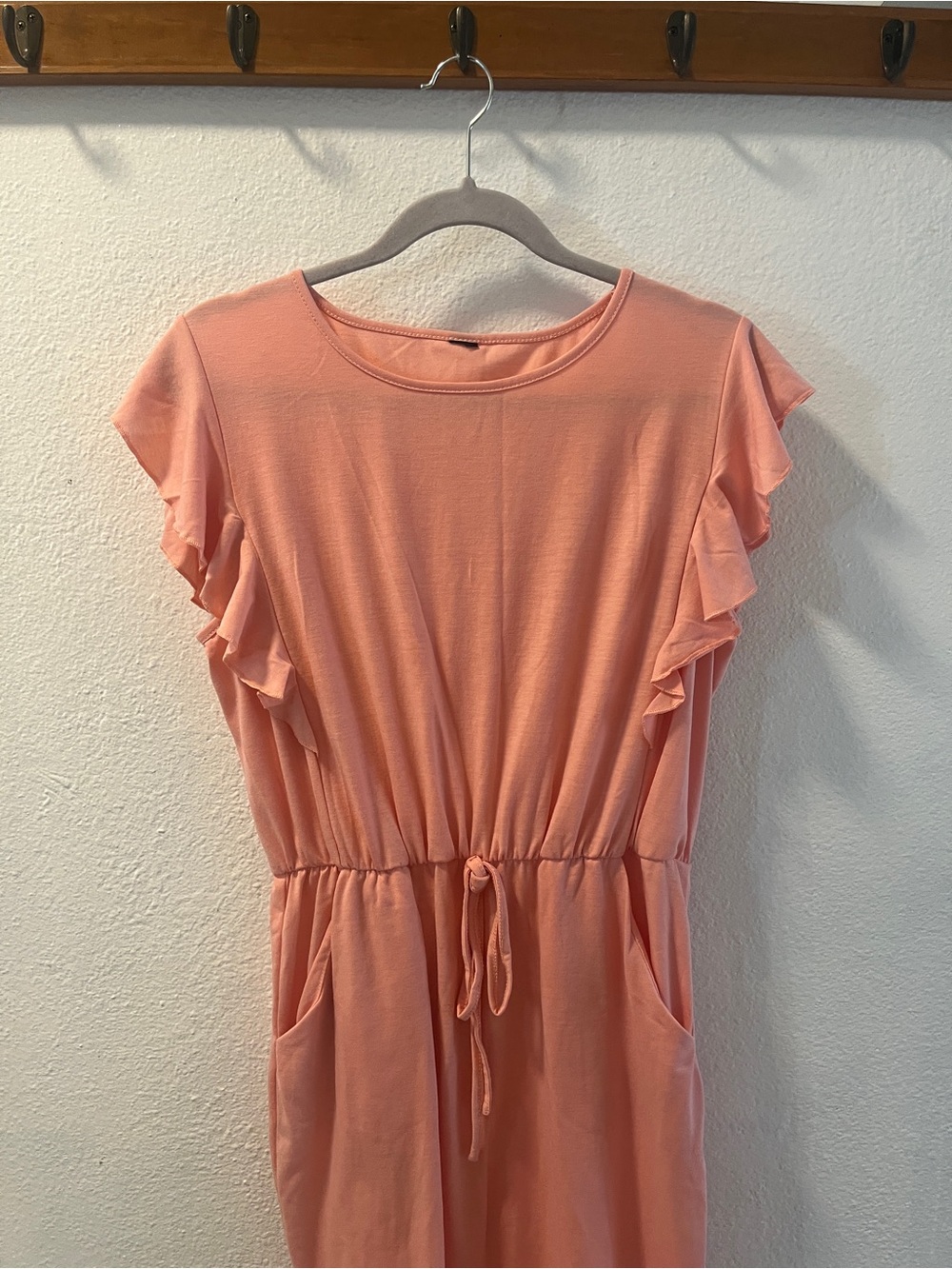 Women's Peach Ruffle Sleeve Drawstring Dress - Picture 9 of 9